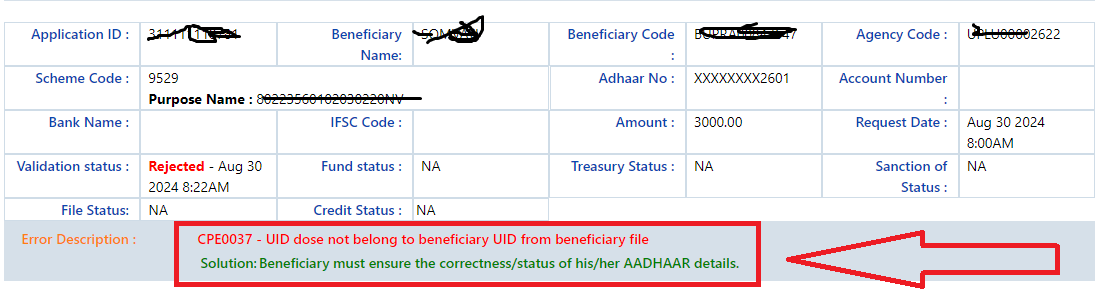 CPE0037 – UID dose not belong to beneficiary UID from beneficiary file